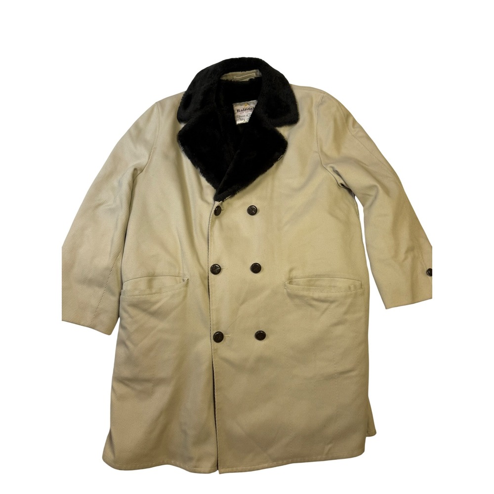 Rainfair Vintage Wool‎ Overcoat Beige Double Breasted Faux Fur Men's 50s 60s